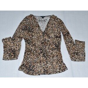 One West Top Sz S Long Sleeve V-Neck Ruched Center Animal Print